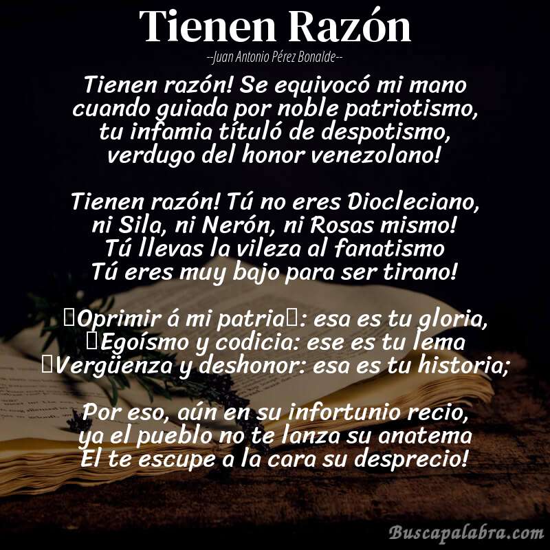 Poema Tienen Razón de Juan Antonio Pérez Bonalde con fondo de libro