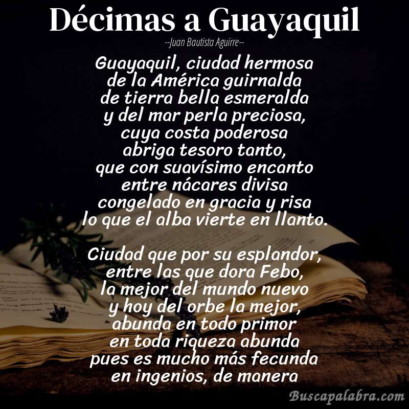 Poema Décimas a Guayaquil de Juan Bautista Aguirre con fondo de libro