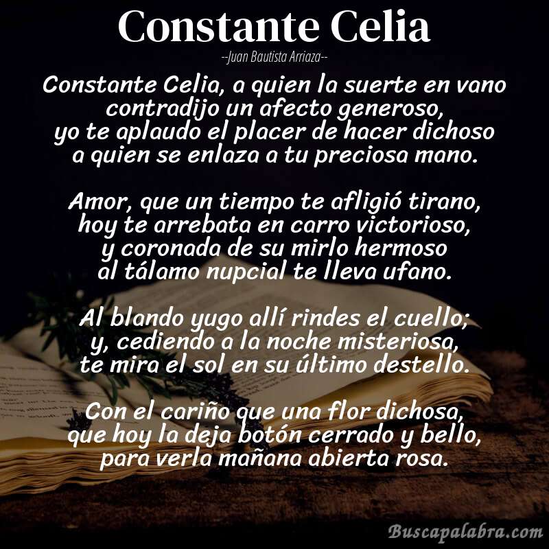 Poema Constante Celia de Juan Bautista Arriaza con fondo de libro