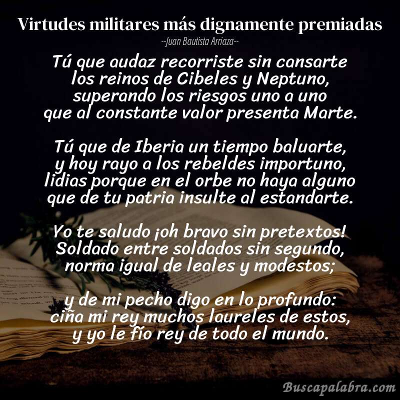 Poema Virtudes militares más dignamente premiadas de Juan Bautista Arriaza con fondo de libro