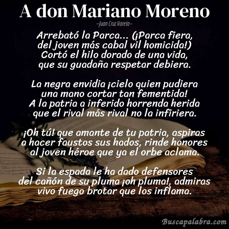 Poema A don Mariano Moreno de Juan Cruz Varela con fondo de libro