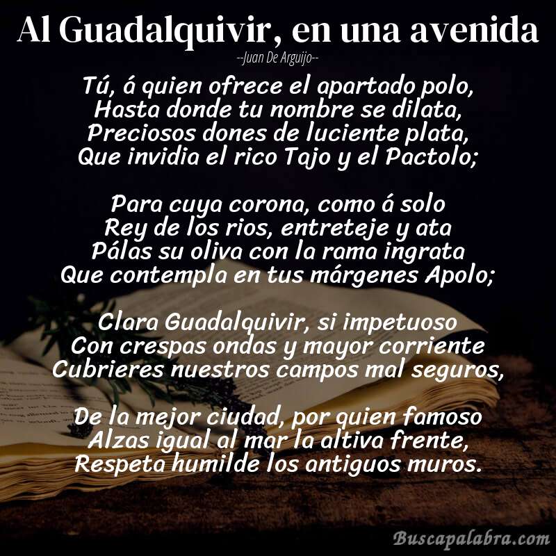 Poema Al Guadalquivir, en una avenida de Juan de Arguijo con fondo de libro