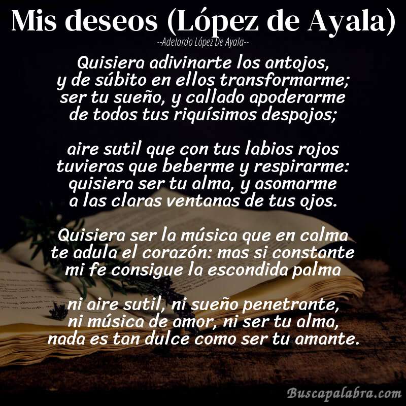 Poema Mis deseos (López de Ayala) de Adelardo López de Ayala con fondo de libro