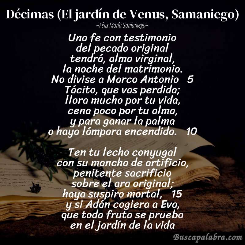 Poema Décimas (El jardín de Venus, Samaniego) de Félix María Samaniego con fondo de libro