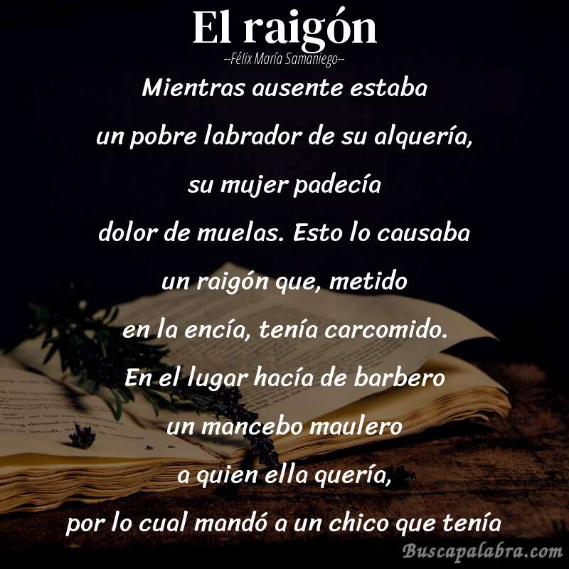 Poema El raigón de Félix María Samaniego con fondo de libro
