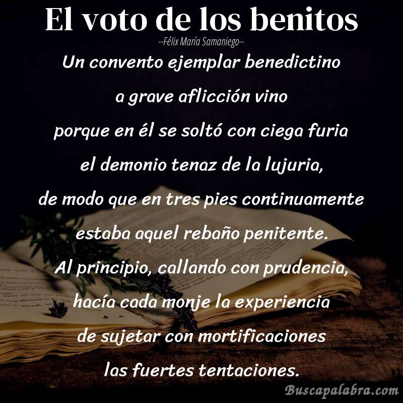 Poema El voto de los benitos de Félix María Samaniego con fondo de libro