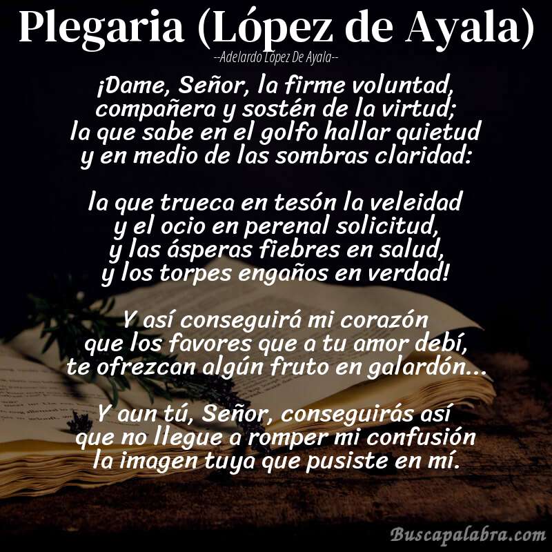 Poema Plegaria (López de Ayala) de Adelardo López de Ayala con fondo de libro
