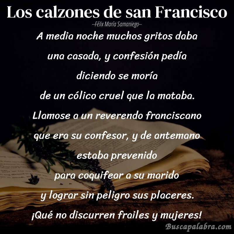 Poema Los calzones de san Francisco de Félix María Samaniego con fondo de libro