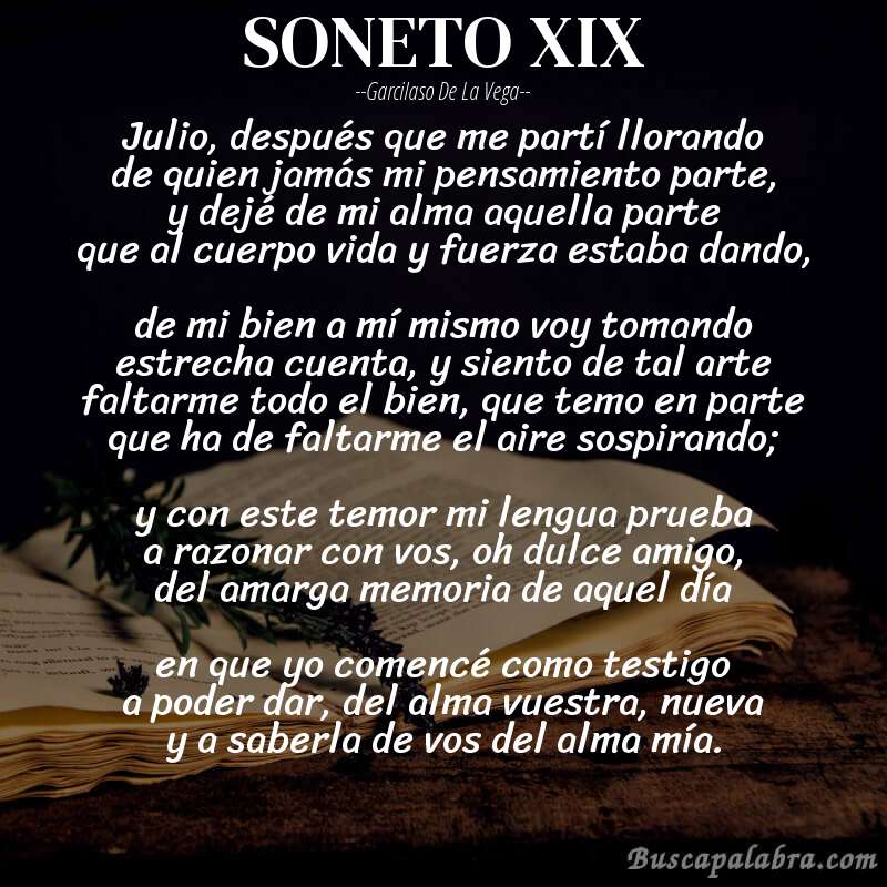 Poema SONETO XIX de Garcilaso de la Vega con fondo de libro