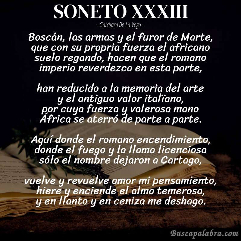 Poema SONETO XXXIII de Garcilaso de la Vega con fondo de libro