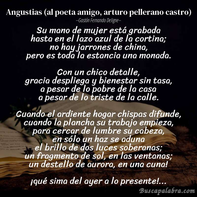 Poema angustias (al poeta amigo, arturo pellerano castro) de Gastón Fernando Deligne con fondo de libro