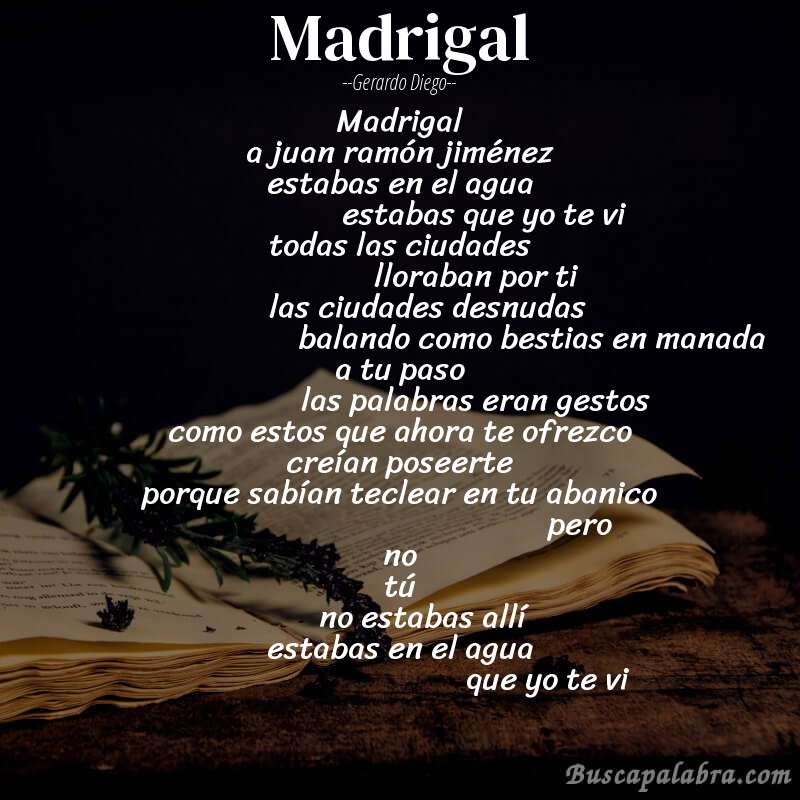 Poema madrigal de Gerardo Diego con fondo de libro