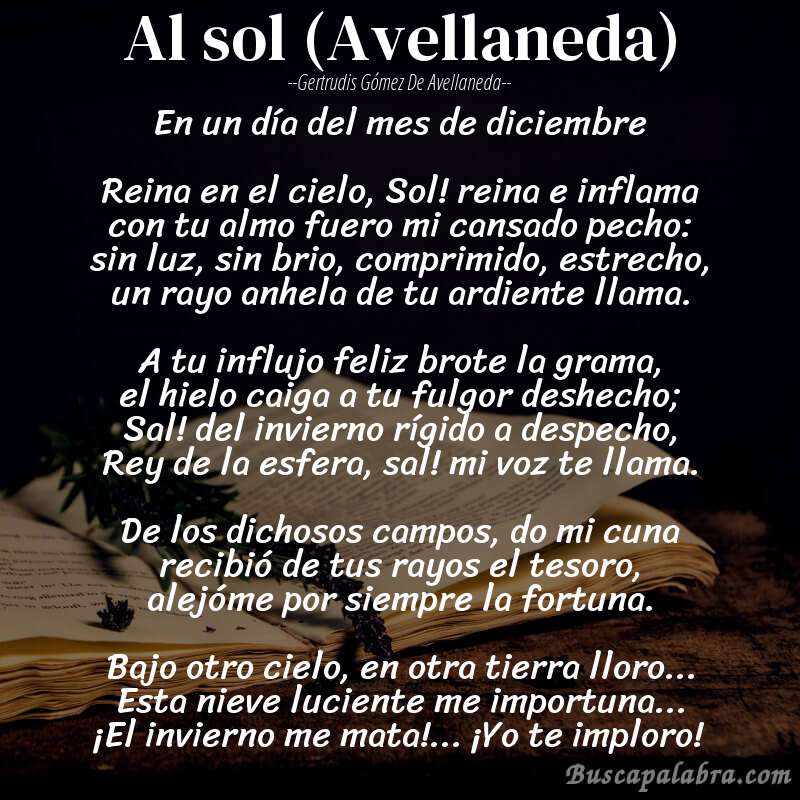 Poema Al sol (Avellaneda) de Gertrudis Gómez de Avellaneda con fondo de libro