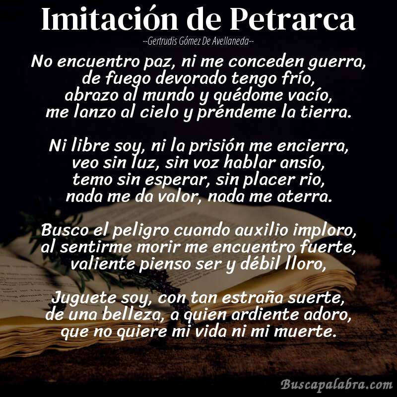 Poema Imitación de Petrarca de Gertrudis Gómez de Avellaneda con fondo de libro