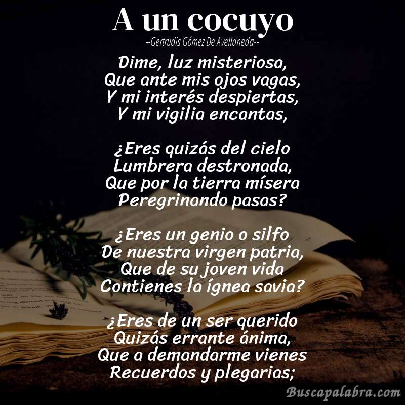 Poema A un cocuyo de Gertrudis Gómez de Avellaneda con fondo de libro