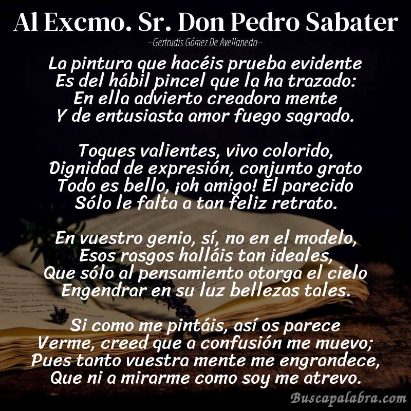 Poema Al Excmo. Sr. Don Pedro Sabater de Gertrudis Gómez de Avellaneda con fondo de libro