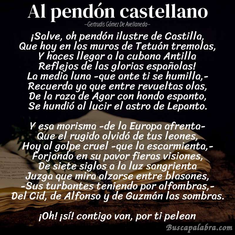 Poema Al pendón castellano de Gertrudis Gómez de Avellaneda con fondo de libro