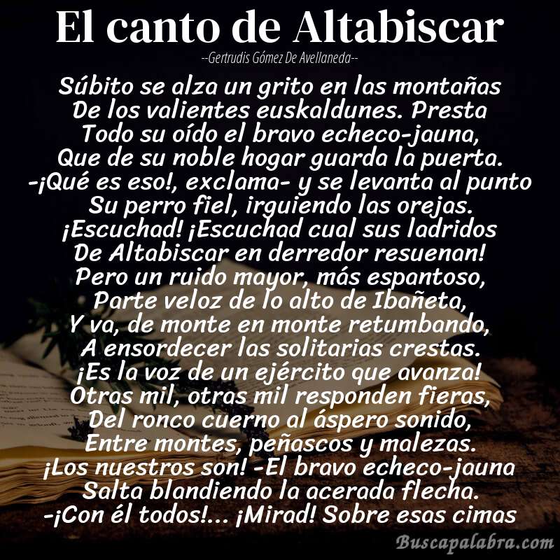 Poema El canto de Altabiscar de Gertrudis Gómez de Avellaneda con fondo de libro
