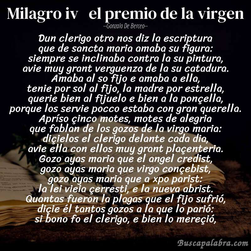 Poema milagro iv   el premio de la virgen de Gonzalo de Berceo con fondo de libro