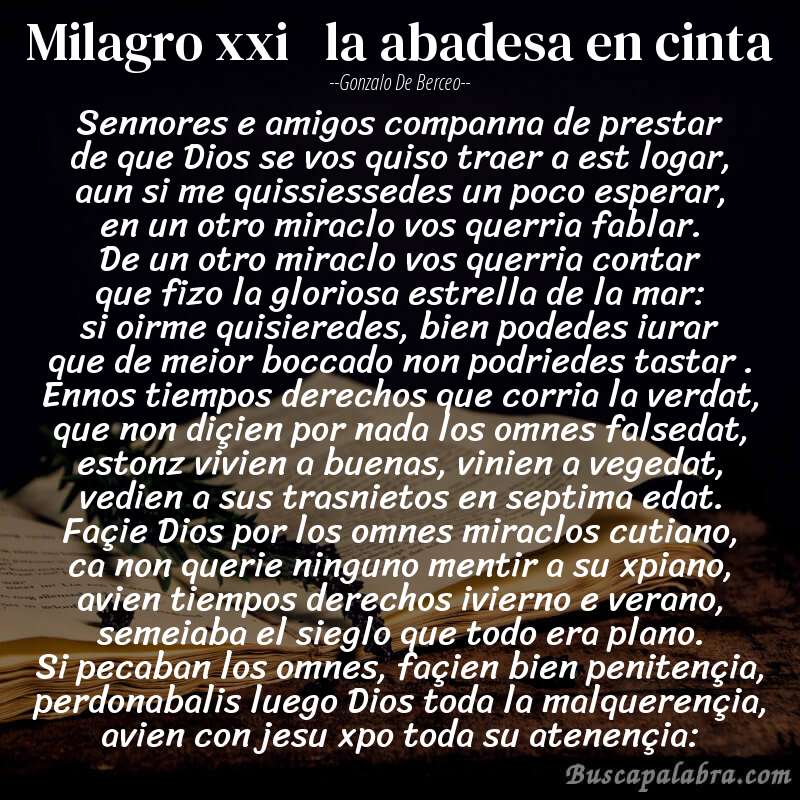 Poema milagro xxi   la abadesa en cinta de Gonzalo de Berceo con fondo de libro