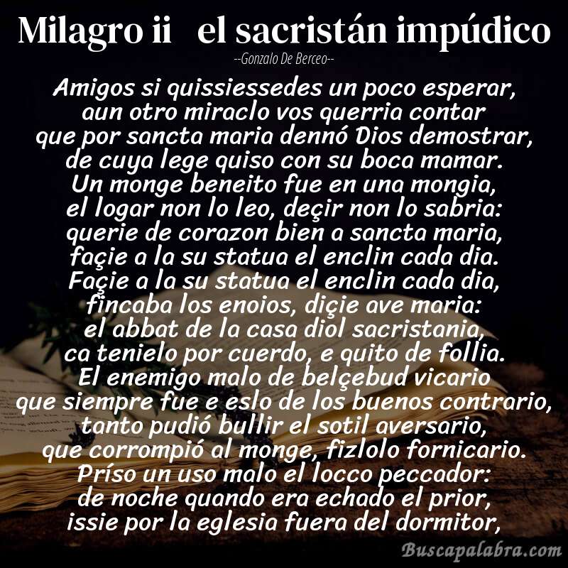 Poema milagro ii   el sacristán impúdico de Gonzalo de Berceo con fondo de libro