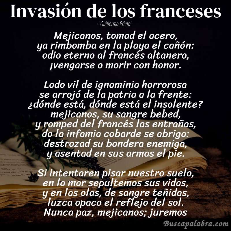 Poema invasión de los franceses de Guillermo Prieto con fondo de libro