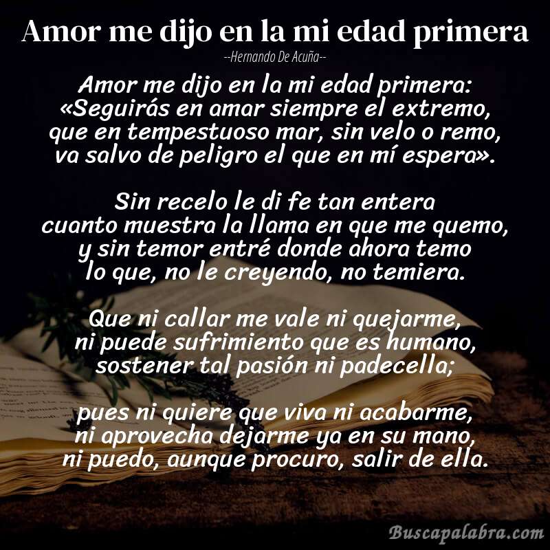 Poema Amor me dijo en la mi edad primera de Hernando de Acuña con fondo de libro