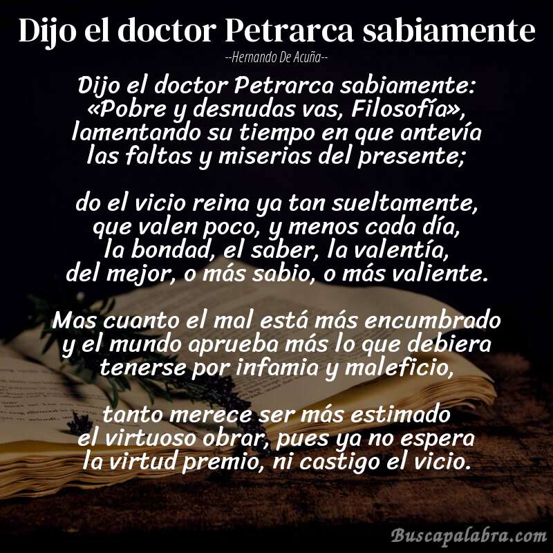 Poema Dijo el doctor Petrarca sabiamente de Hernando de Acuña con fondo de libro