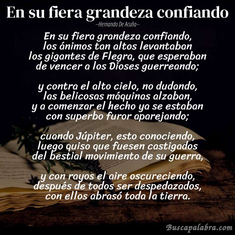 Poema En su fiera grandeza confiando de Hernando de Acuña con fondo de libro