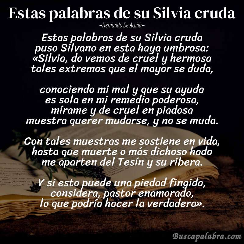 Poema Estas palabras de su Silvia cruda de Hernando de Acuña con fondo de libro