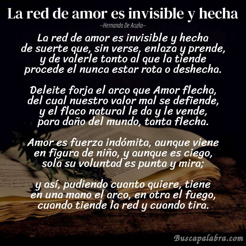Poema La red de amor es invisible y hecha de Hernando de Acuña con fondo de libro