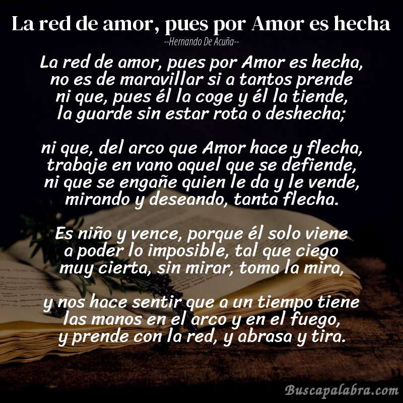 Poema La red de amor, pues por Amor es hecha de Hernando de Acuña con fondo de libro