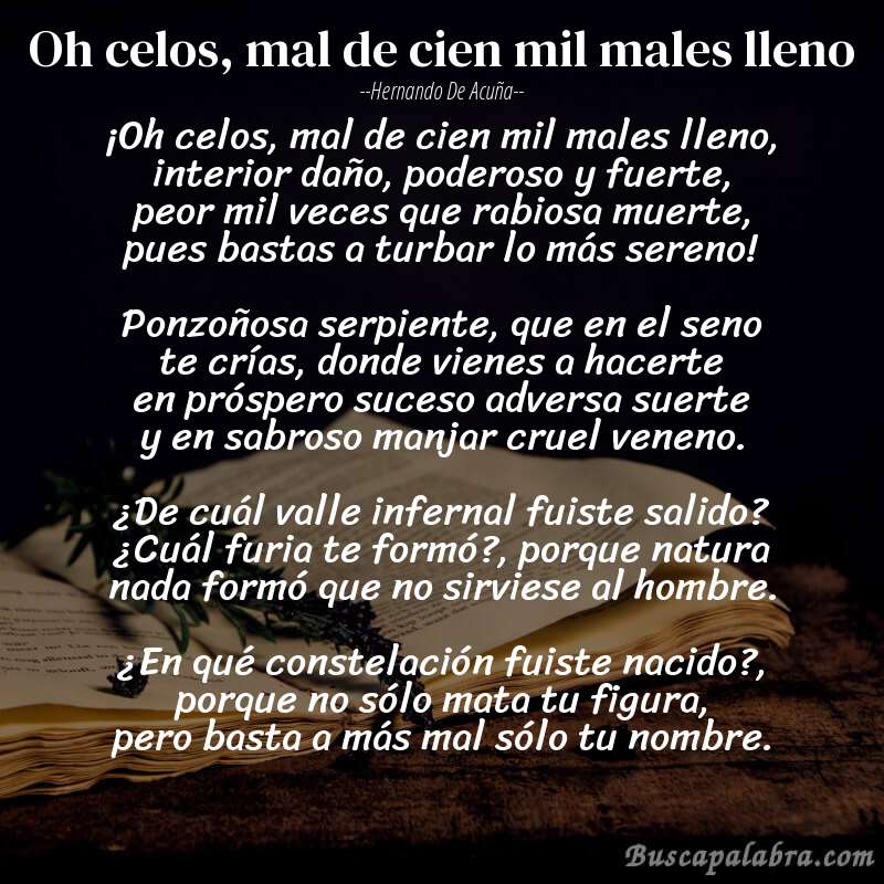 Poema Oh celos, mal de cien mil males lleno de Hernando de Acuña con fondo de libro