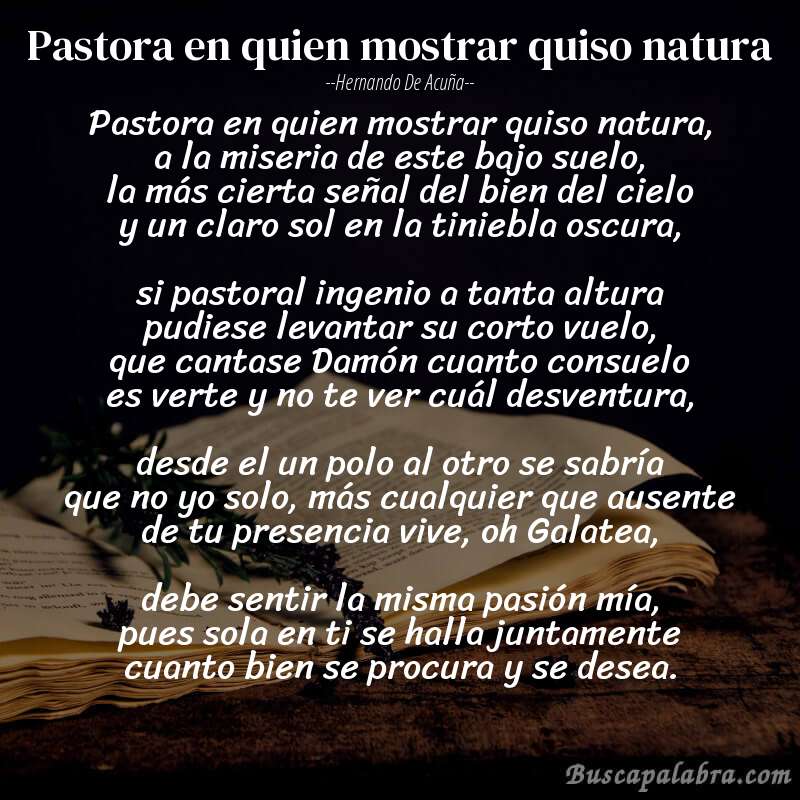 Poema Pastora en quien mostrar quiso natura de Hernando de Acuña con fondo de libro