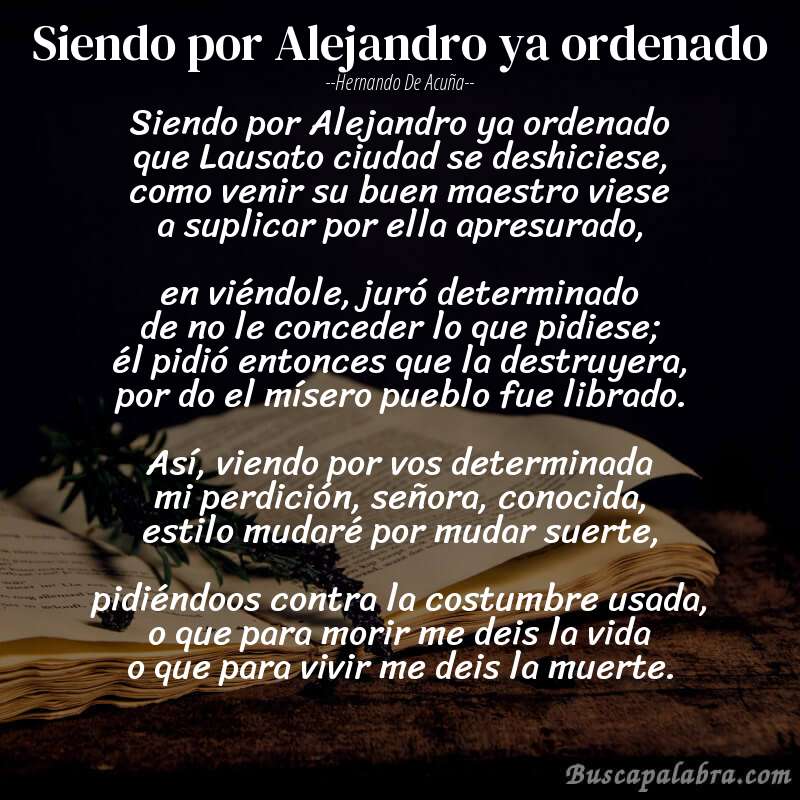 Poema Siendo por Alejandro ya ordenado de Hernando de Acuña con fondo de libro