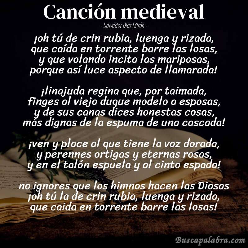 Poema canción medieval de Salvador Díaz Mirón con fondo de libro