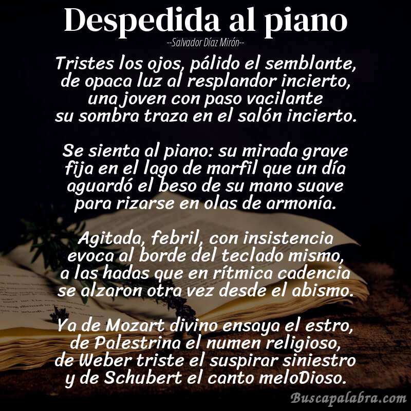 Poema Despedida al piano de Salvador Díaz Mirón con fondo de libro