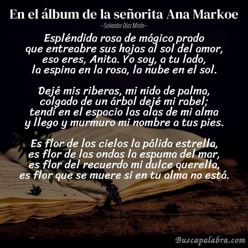 Poema En el álbum de la señorita Ana Markoe de Salvador Díaz Mirón con fondo de libro