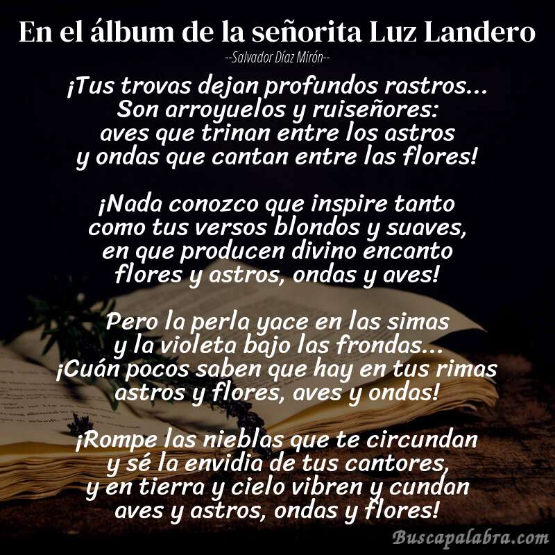 Poema En el álbum de la señorita Luz Landero de Salvador Díaz Mirón con fondo de libro