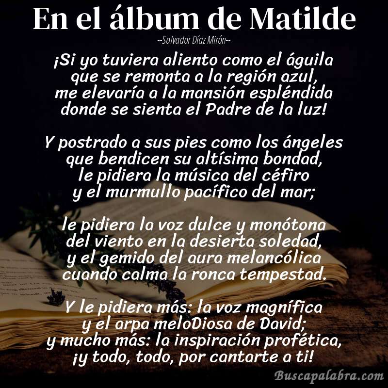 Poema En el álbum de Matilde de Salvador Díaz Mirón con fondo de libro