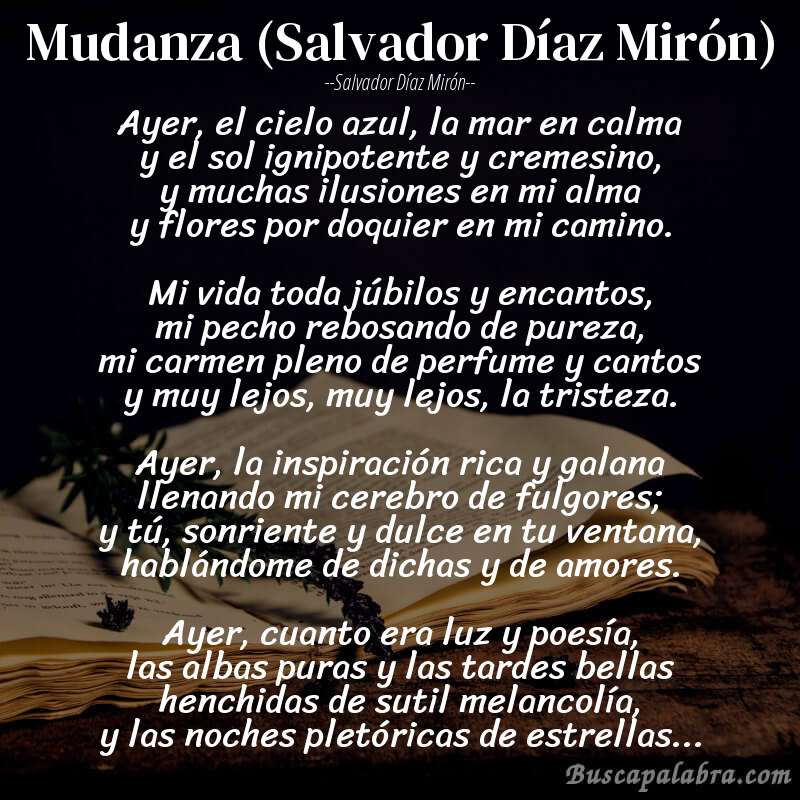 Poema Mudanza (Salvador Díaz Mirón) de Salvador Díaz Mirón con fondo de libro