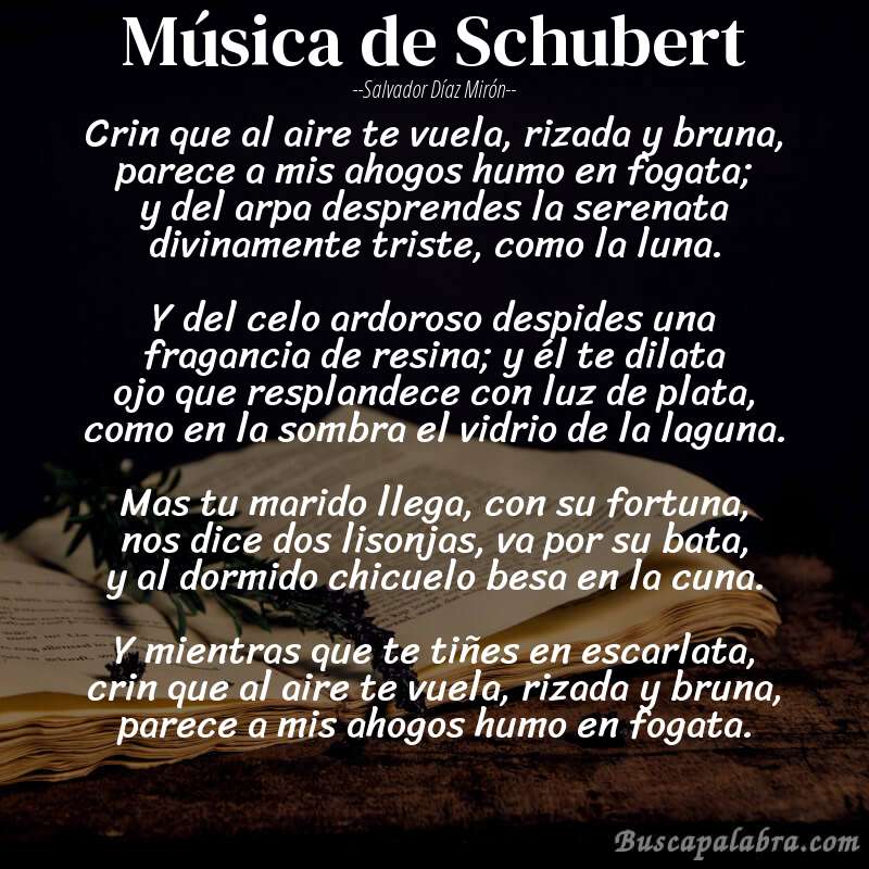 Poema Música de Schubert de Salvador Díaz Mirón con fondo de libro