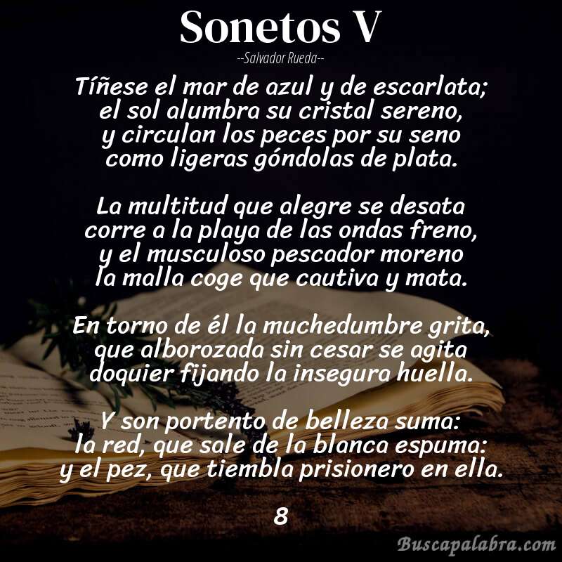 Poema sonetos V de Salvador Rueda con fondo de libro