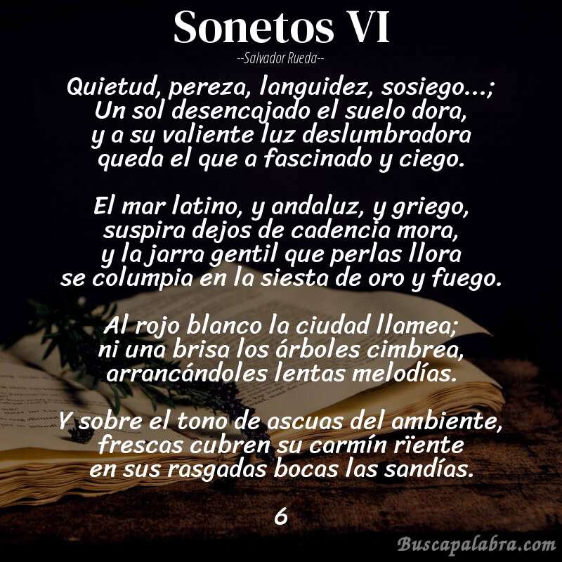 Poema sonetos VI de Salvador Rueda con fondo de libro