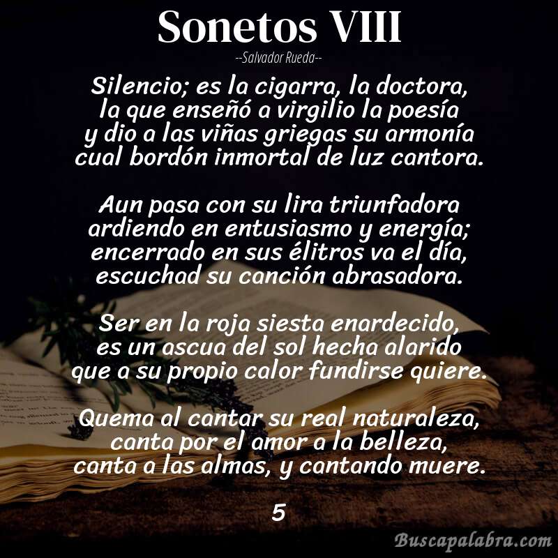 Poema sonetos VIII de Salvador Rueda con fondo de libro
