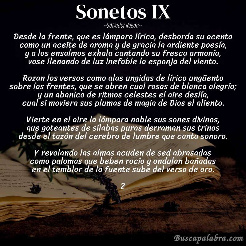 Poema sonetos IX de Salvador Rueda con fondo de libro