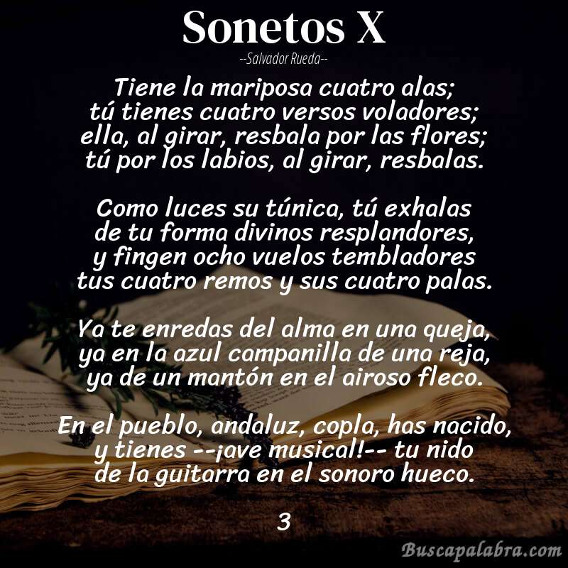 Poema sonetos X de Salvador Rueda con fondo de libro