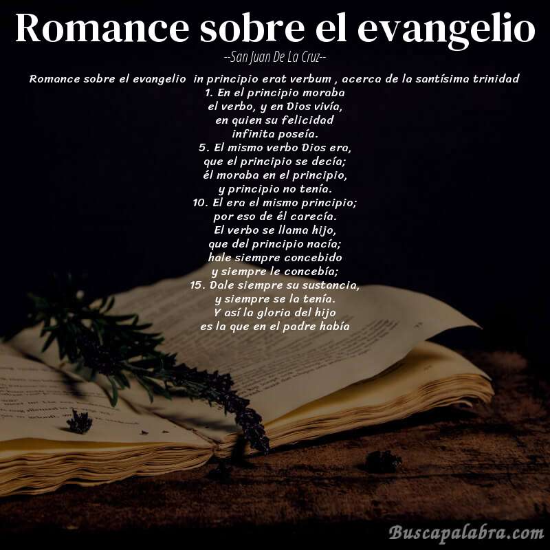 Poema romance sobre el evangelio de San Juan de la Cruz con fondo de libro