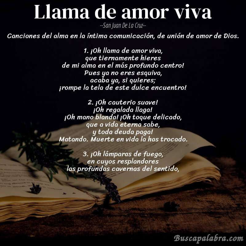 Poema Llama de amor viva de San Juan de la Cruz con fondo de libro