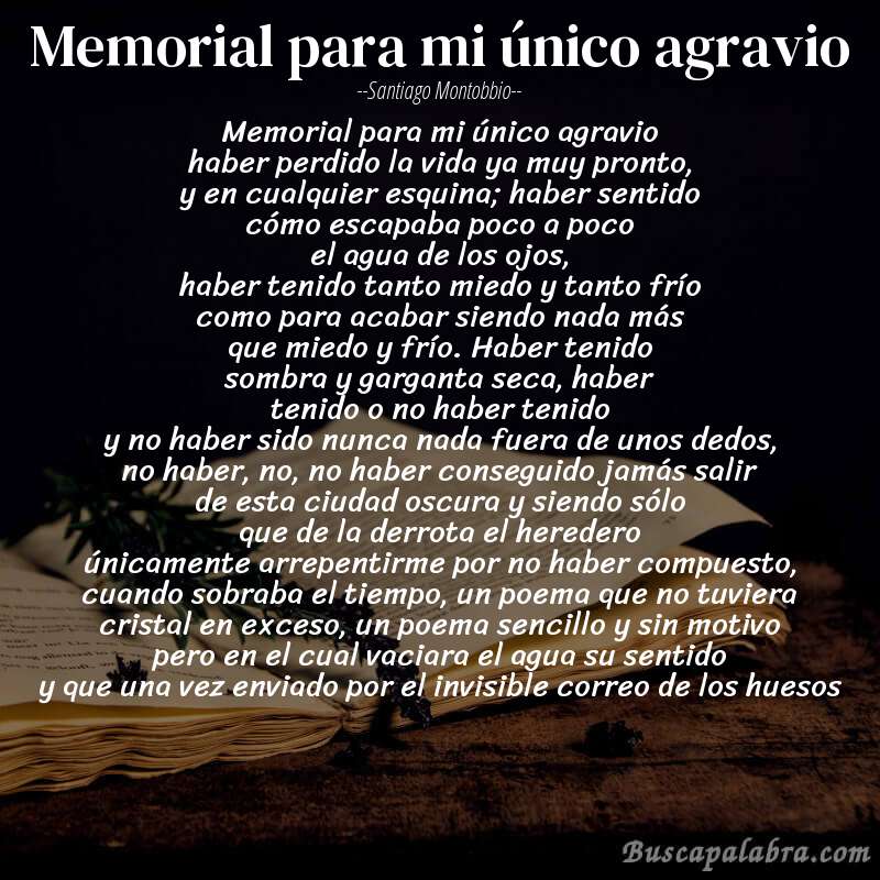 Poema memorial para mi único agravio de Santiago Montobbio con fondo de libro